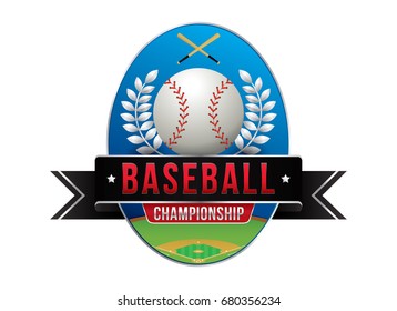 Vector of baseball championship badge design with field background and equipment.