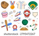 Vector baseball elements in cartoon doodle style. Baseball uniform and ball, bat, catcher