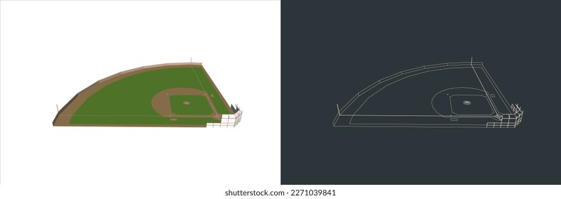 Vector Baseball field Technical Illustration line art  on the blueprint