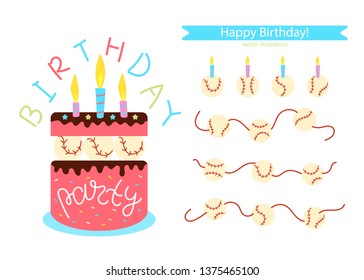Vector baseball. Set of elements for design of postcard, poster, banner for birthday, party. Illustration with cake and candles.