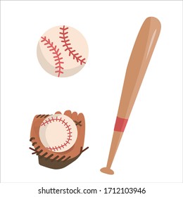 Vector baseball set with glove, ball and bat, illustration in flat style on white background