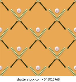 Vector Baseball Sport Inventory Seamless Pattern Isolated on Orange Background. Metal Bat and Leather Ball Texture