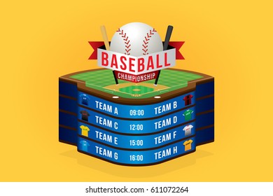 Vector of baseball with team competition and scoreboard.
