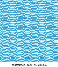 Vector based blue repeating geometrical hexagonal cube pattern on a  white background