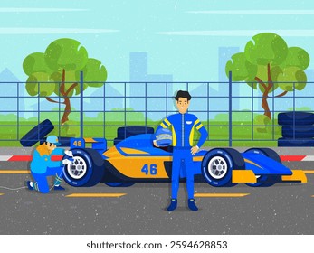 vector based and editable illustration, with formula one racing image theme