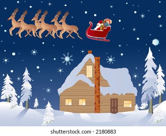 vector based illustration with cabin, sleigh and reindeer as part of the background