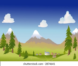 vector based illustration of a mountain village in summer