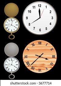 Vector based illustration of wall clocks and gold and silver stopwatch