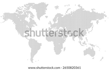 Vector based world map with vertical dotted lines forming the global structure. Features recognizable shapes of continents. A perfect representation of modern cartography.