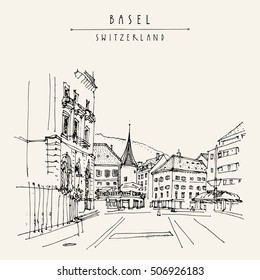 Vector Basel, Switzerland, Europe. Street and historical houses in old town. Switzerland travel sketch. Hand drawn Swiss engraving postcard, poster, calendar or book illustration