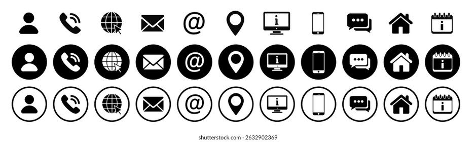 Ícones circulares básicos vetoriais para cartões de visita. Conjunto de ícones de comunicação de contato comercial circular.