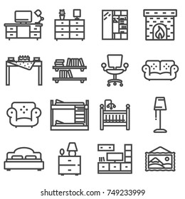 Vector basic furniture icon set in thin line style on white background