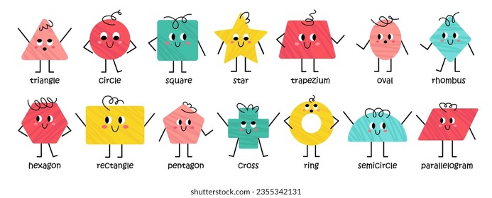 Vector basic geometric figures with face. Trendy different geometric shape characters. Cute funny smiling shape characters for teaching kids and children. Design for school and kindergarten learning.