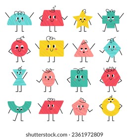 Vector basic geometric figures with face. Trendy different geometric shape characters. Design for primary school and kindergarten. Cute funny smiling shape characters for kids and children design. 