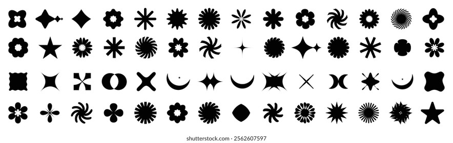 Vector basic shape. Brutalist abstract geometric shapes and grids. Brutal contemporary figure star oval spiral flower and other primitive elements. Modern trendy minimalist basic figure, flower, stars