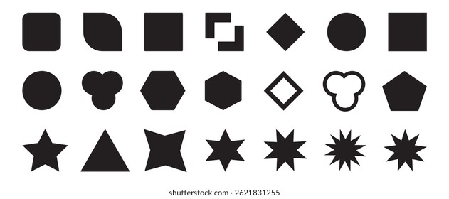 Vector basic shape collection for your design.Polygonal elements. Trendy minimalist basic figure, diamond, circles, hexagon, star, triangle flat style. Vector illustration.