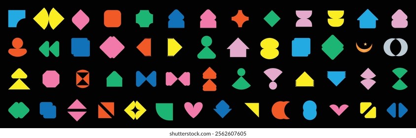 Vector basic shape. Geometric formal shape. Brutalist abstract geometric shapes and grids. Brutal contemporary figure star oval spiral flower and other primitive elements. set of colorful basic shapes