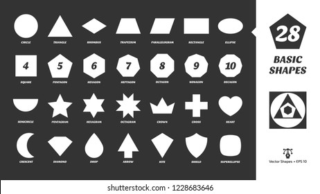 Vector basic simple white silhouette shapes set on a black background. Geometric figures: rectangle, cross, pentagram, hexagram, diamond, heart, drop, arrow, crown, crescent, superellipse and more.