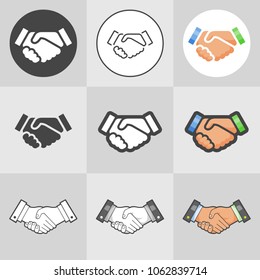 Vector basic trust icon set of handshake. Simple friendship symbol. Partnership graphic sign. Two hands isolated pictogram.