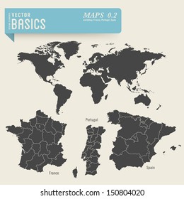 vector basics: worldmap and detailed maps of France, Portugal and Spain