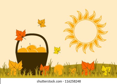 vector basket of apples, fallen leaves and sun