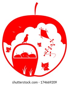 vector basket of apples, fallen leaves and kite in apple