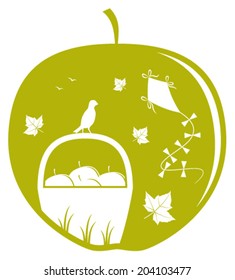 vector basket of apples, fallen leaves and kite in apple
