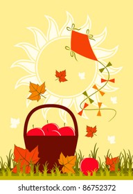 vector basket of apples, fallen leaves and kite