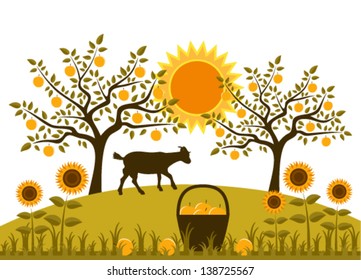 vector basket of apples, sunflowers and goat in garden