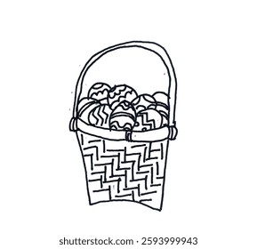 Vector of a basket of bamboo basket fill with easter eggs. 
Isolated engraved style object. 
Linear drawing in black and white colors for easter.