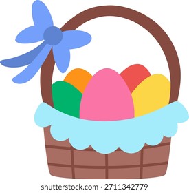 Vector basket with colored eggs and blue bow icon. Easter traditional symbol and design element isolated on white background. Cute spring illustration for kids
