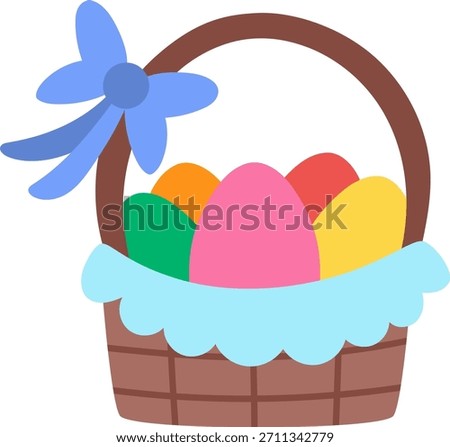 Vector basket with colored eggs and blue bow icon. Easter traditional symbol and design element isolated on white background. Cute spring illustration for kids

