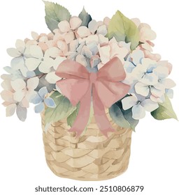 Vector, basket with colorful hydrangea, flowerpot, flowers, present, white ribbon, festive, Watercolor illustration, Greeting cards, invitation, party, baby shower, birthday, event, holiday, wedding.