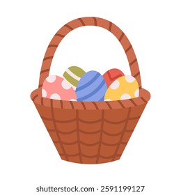 Vector basket with decorated Easter eggs. Holiday banner in flat style