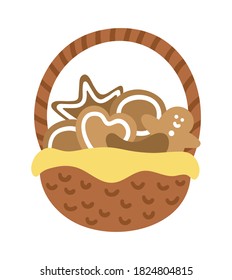 Vector basket with decorated gingerbread isolated on white background. Cute funny illustration of new year pastry. Traditional Christmas dessert icon
