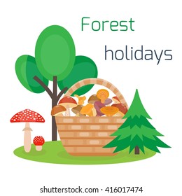 Vector basket of different edible mushrooms. Forest holidays concept. Camping. Forest rest. Picking mushrooms in the basket. Cartoon style