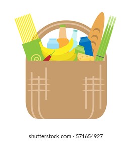 Vector basket with different types of food in flat style. Colorful vector illustration of food and goods in minimalistic style. Elements for apps, web and mobile design.