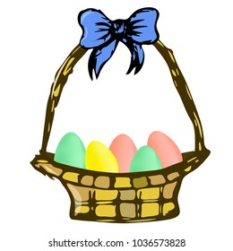 Vector basket with Easter eggs. Blue bow, painted eggs.