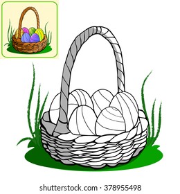 vector - basket of Easter eggs. Basket with Easter eggs isolated on a white background. black and white outline illustration for a coloring book.
