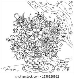 Cesta vectorial de flores Ilustración vectorial de contorno blanco y negro. Libro de coloración para adultos