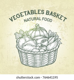 Vector basket with fresh vegetables. Realistic sketch of garden food, outline, retro design. Simple label of vegetarian food is good for advertisment of farm products or recipe book design.