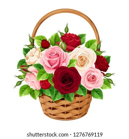 Vector basket with red, burgundy, pink and white roses isolated on a white background.