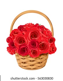 Vector basket with red roses isolated on a white background.