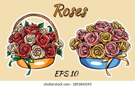 Vector basket with roses, isolated. Two types of bouquets. Bouquet in a basket with a handle.