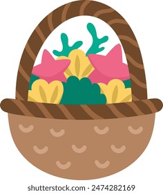 Vector basket with seashells, sea stars and seaweeds isolated on white background. Ocean harvest icon. Summer, underwater or ocean life clipart. Cute flat aquatic or mermaid illustration for kids
