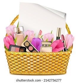 Vector Basket with Tulips and Cosmetics isolated on white background