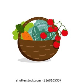 Vector illuіtration of basket with vegetables in flat style. Tomato cherry, cabbage, onion, pease, broccoli and carrot.