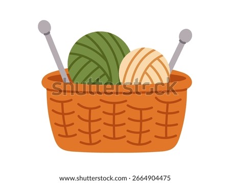 Vector basket with yarn balls and knitting needles. Flat handcraft concept. Cozy hobby. Cute knitting clipart.