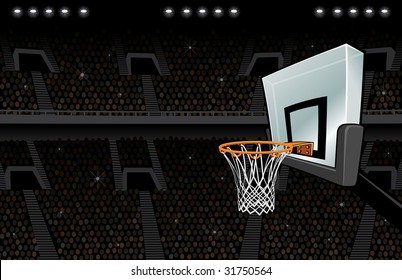 Vector Basketball Arena Background With Stadium Lights, Crowd, Flashbulbs And Basketball Goal.