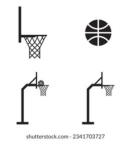 Vector basketball basket and ball black icons on white background.